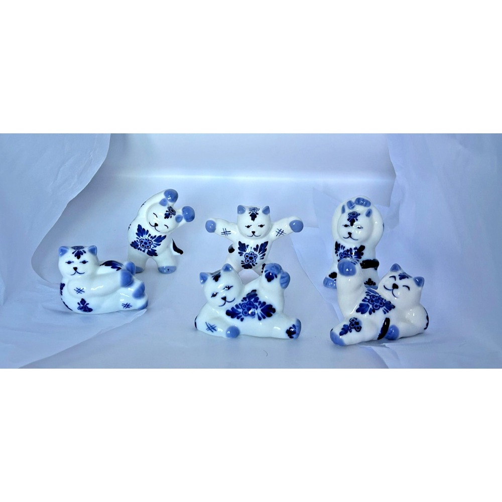 Gzhel Vintage‎ Russian Folk Art Porcelain Cats Blue White Figurine Exercise Yoga - Picture 8 of 16